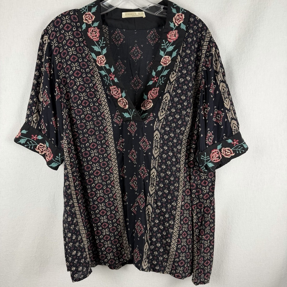 Wayward Fancies eShakti Tunic Top Sz L** Floral Embroidered Roses Boho Peasant